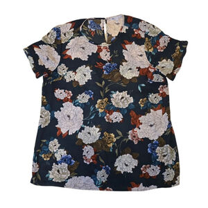 DR2 Blouse L Black Floral Short Sleeve Boho Dressy Casual Vacation Resort